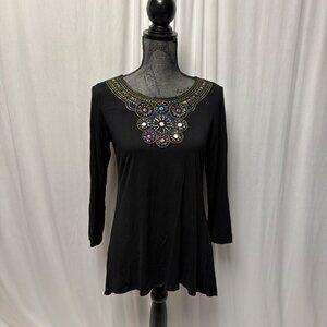 Max & Rina Black Top Womens Size Small Beaded Stitched Neckline Comfy Stretchy